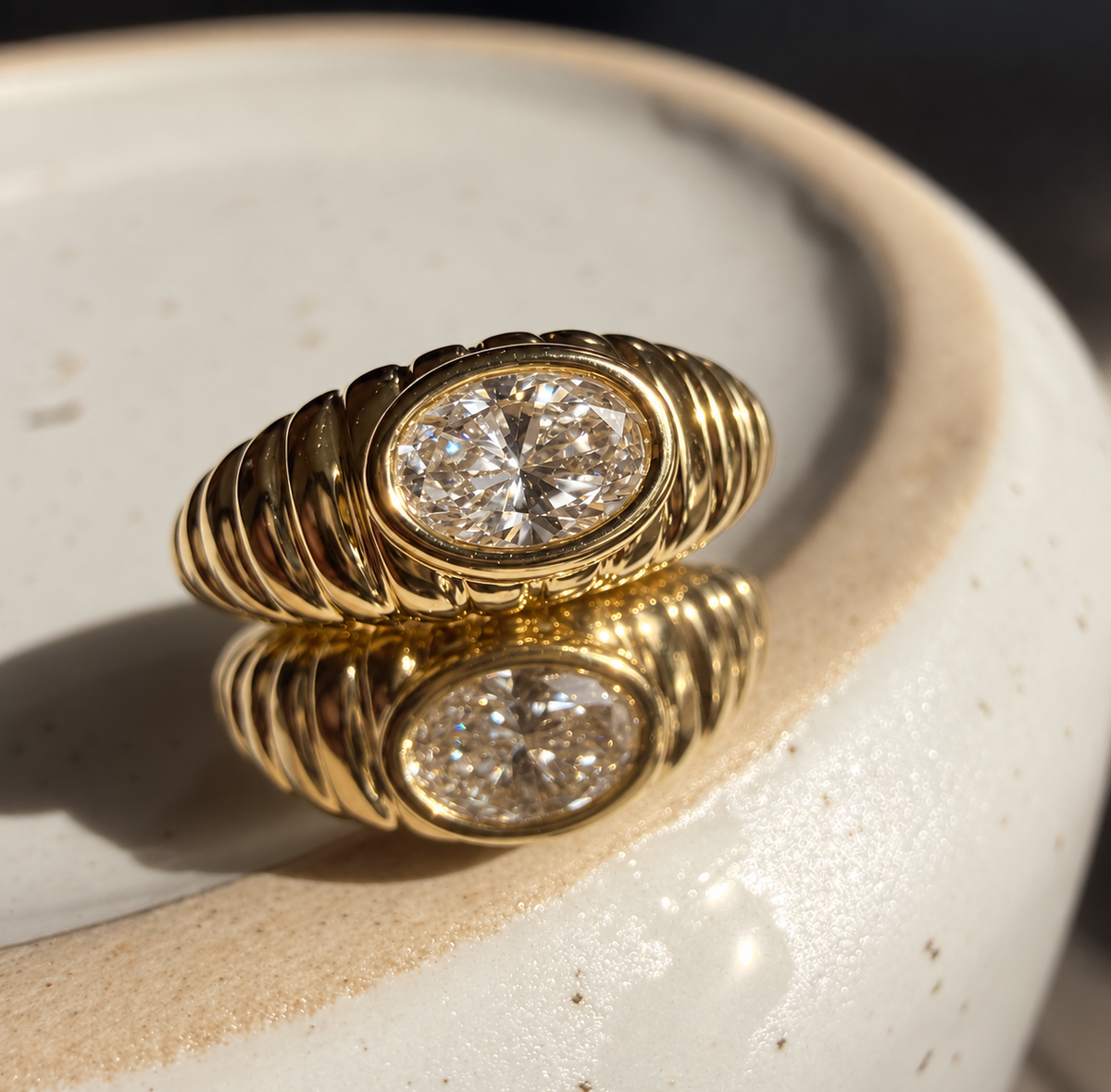 Fluted Cloud Oval Diamond Huggies • Pair • 9K Solid Yellow Gold - - Jewelry - Goldie Paris Jewelry - Earring
