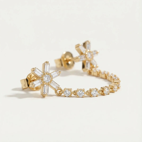 Flower Stud Chain Diamond Earring • Single • 14K Solid Yellow Gold