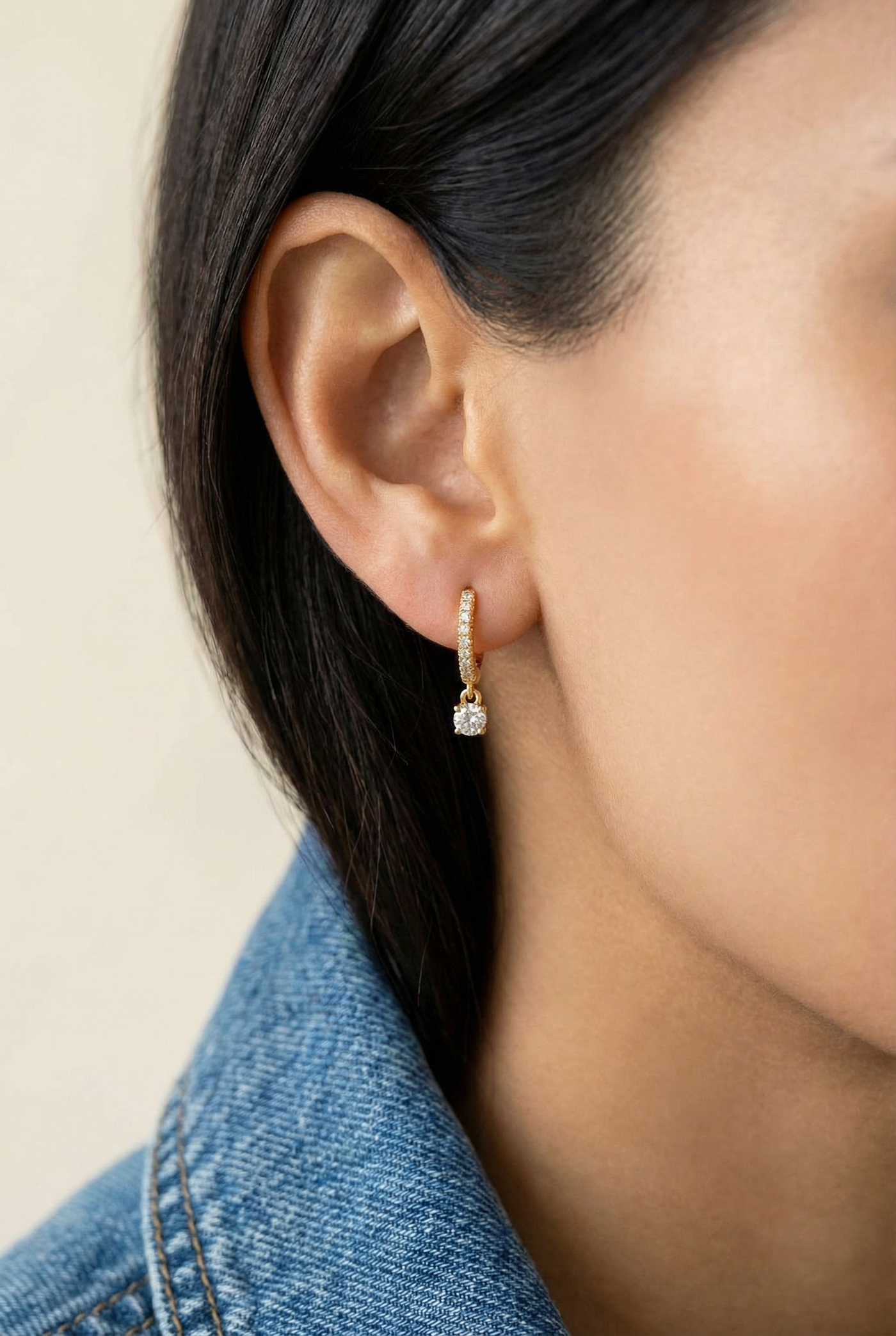 "Daniella" Diamonds Hoops Earrings with one dangling diamond - Pair