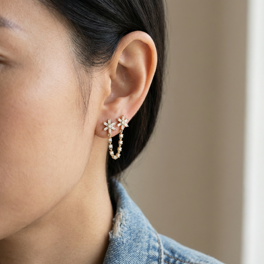 Flower stud chains diamonds Earring