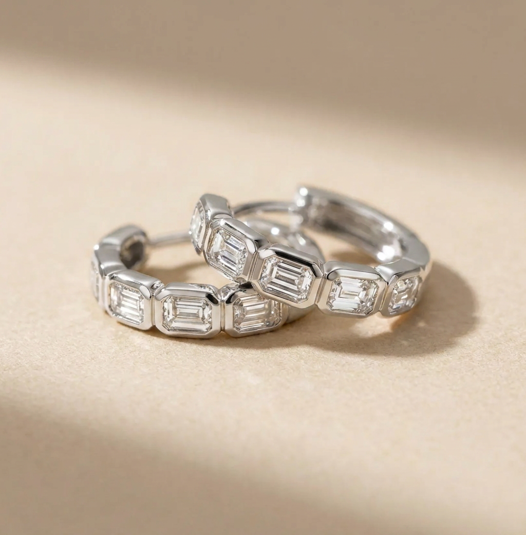 Emerald Bezel Set Diamonds Hoops - Pair - White Gold