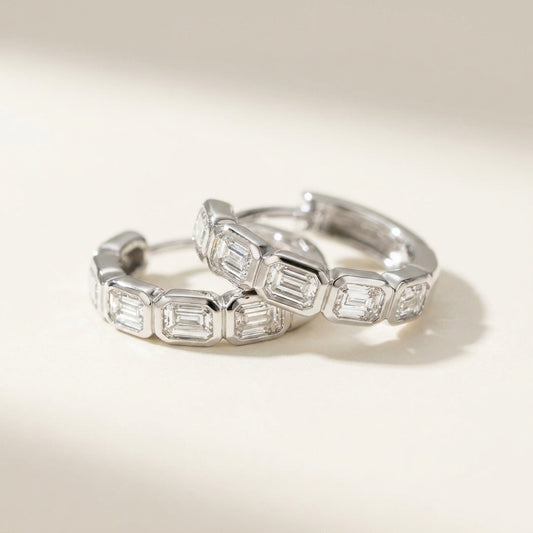 Emerald Bezel Set Diamonds Hoops - Pair - White Gold