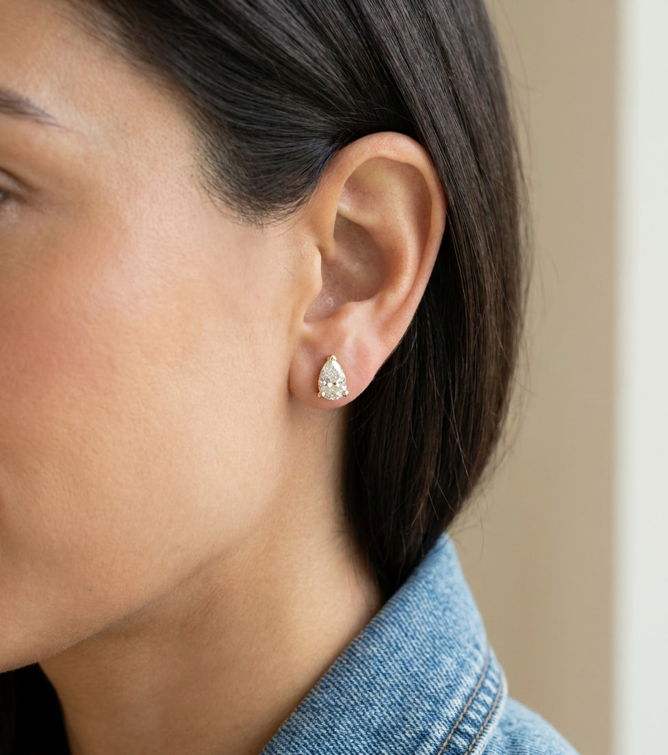 Pear Shape 1ct Diamond Studs• 9k Solid Yellow Gold • Pair