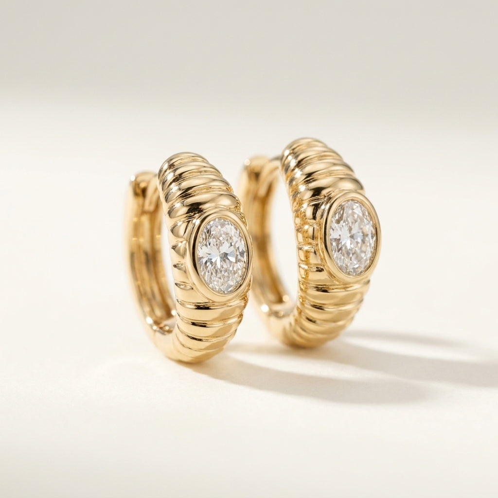 Fluted Cloud Oval Diamond Huggies• Pair• 9K Solid Yellow Gold