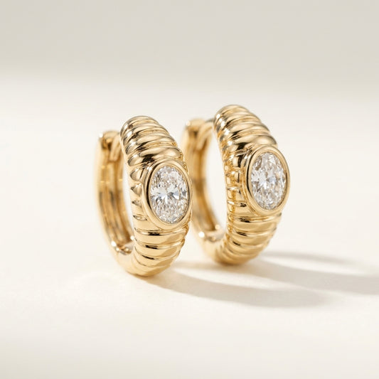 Fluted Cloud Oval Diamond Huggies• Pair• 9K Solid Yellow Gold