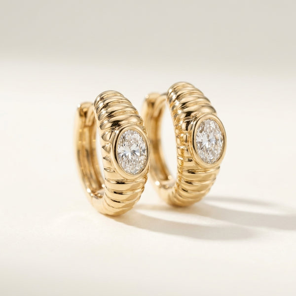 Fluted Cloud Oval Diamond Huggies • Pair • 9K Solid Yellow Gold