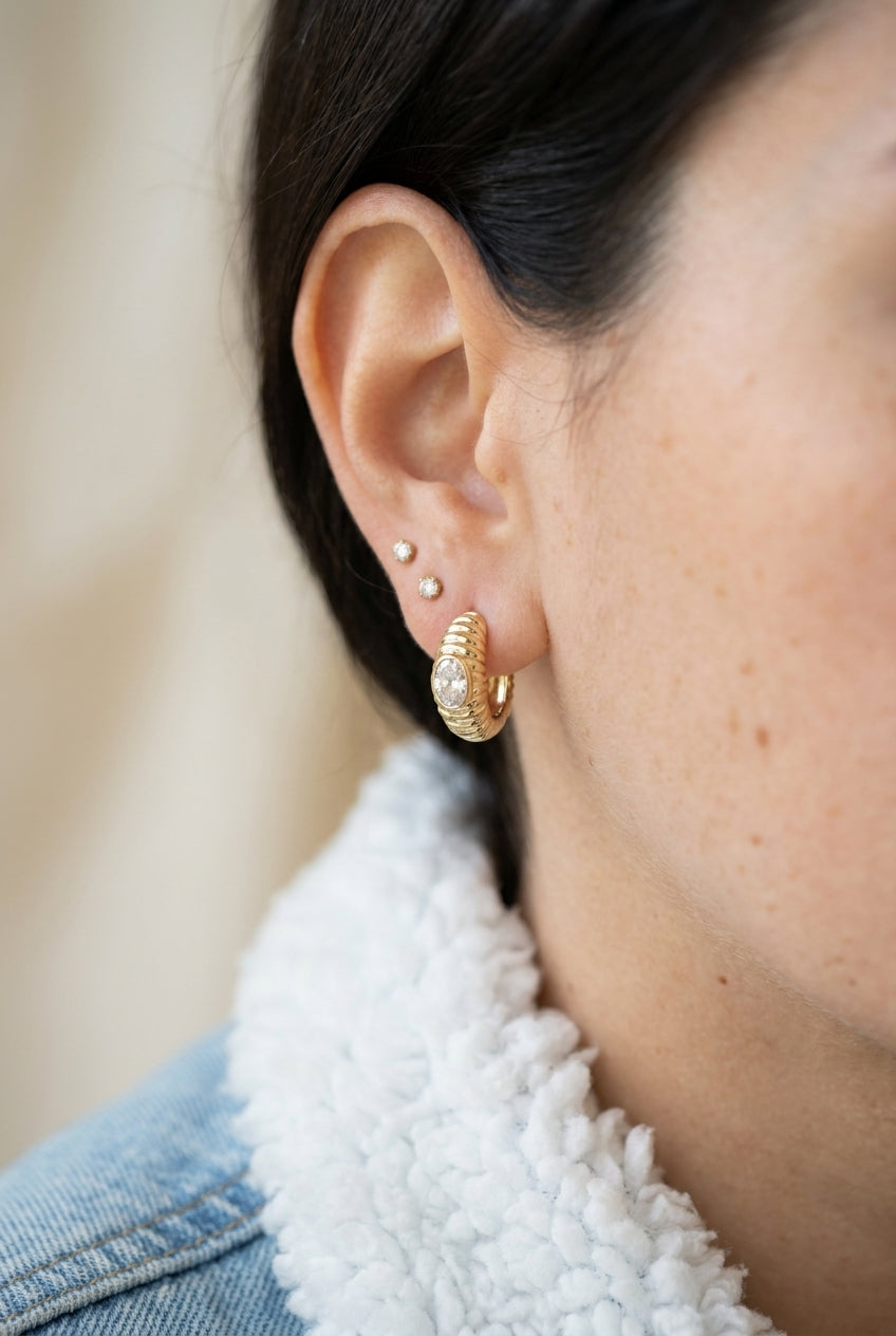 Fluted Cloud Oval Diamond Huggies• Pair• 9K Solid Yellow Gold