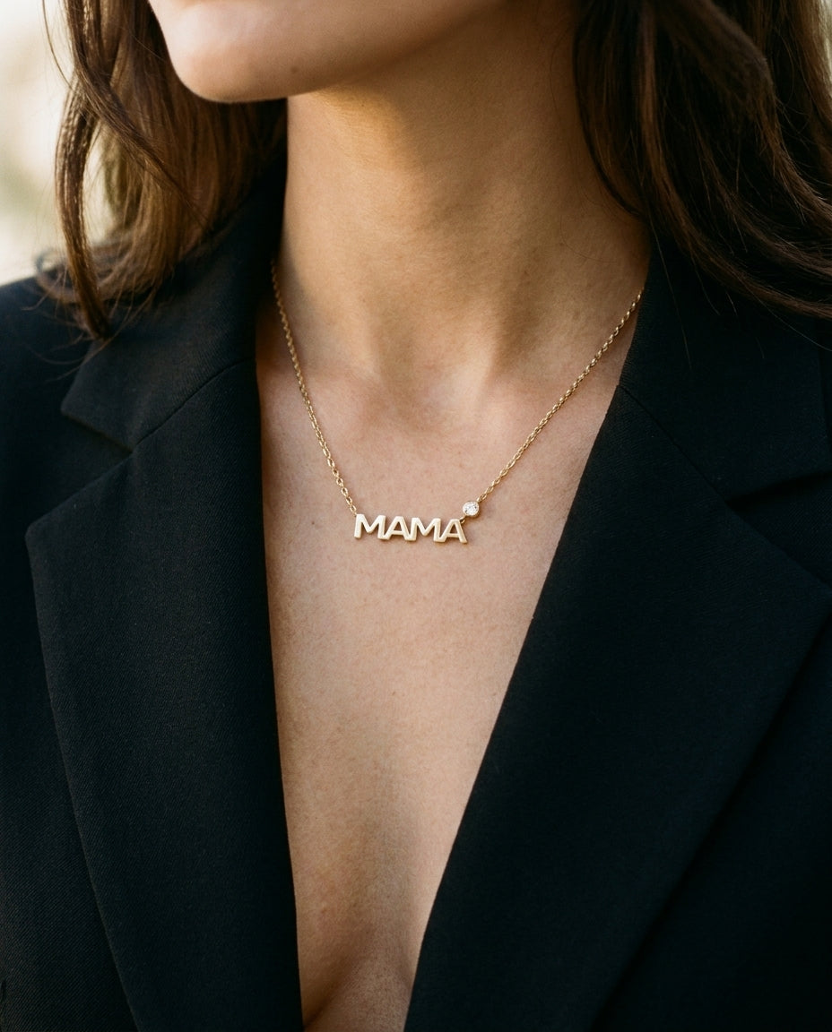 Mama Bezel-Set Diamond Necklace• 14K Solid White Gold