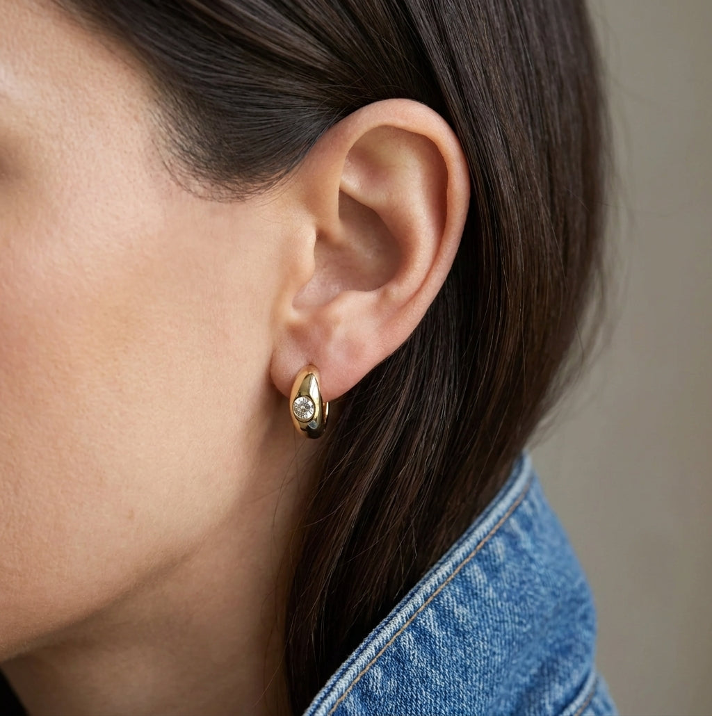 Cloud Huggie Hoops with Diamond • Pair • 9K Solid Yellow Gold - - Jewelry - Goldie Paris Jewelry - Earring