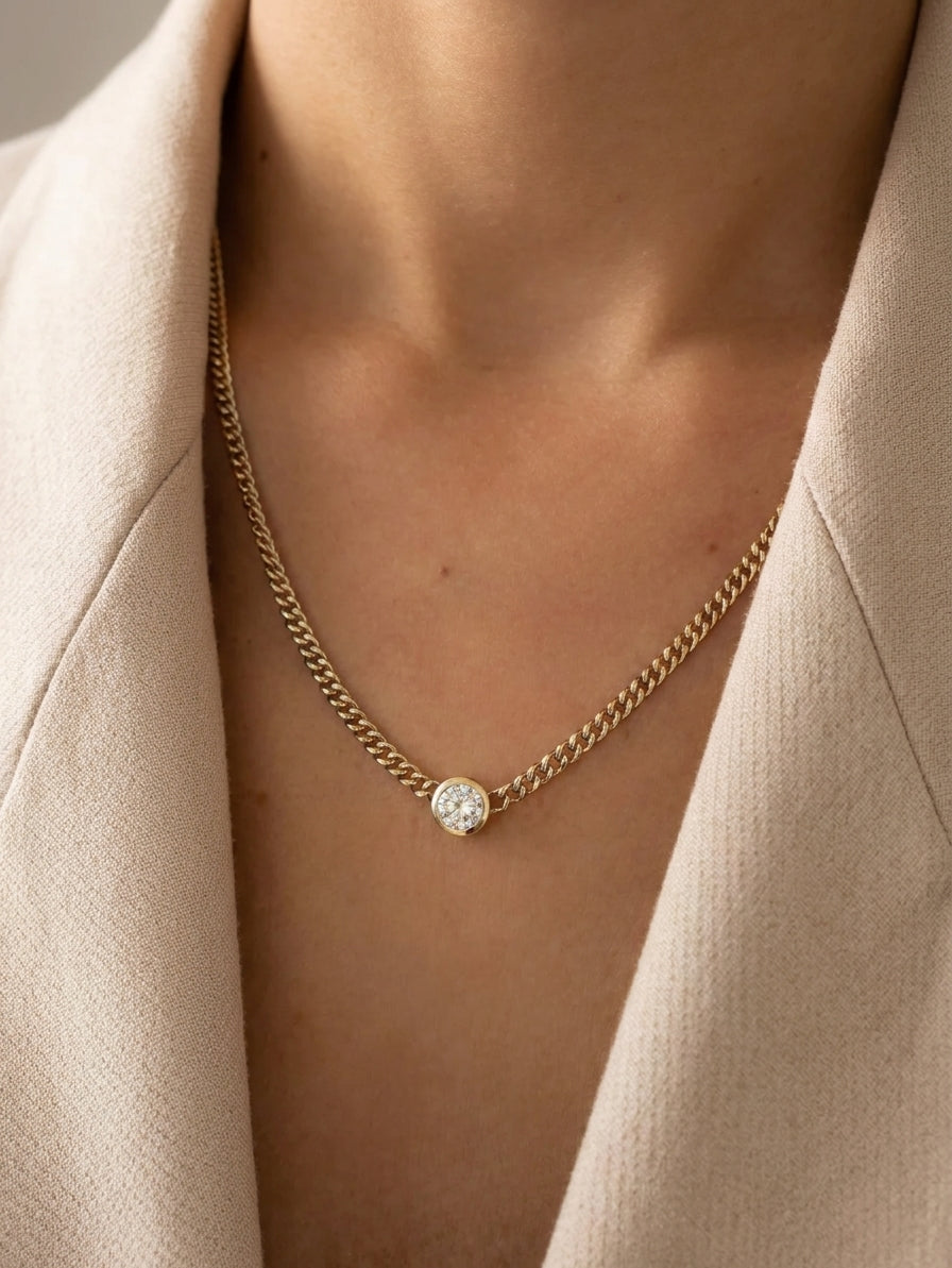 Diamond Bezel Classic Curb Chain Necklace - - Jewelry - Goldie Paris Jewelry - Necklace