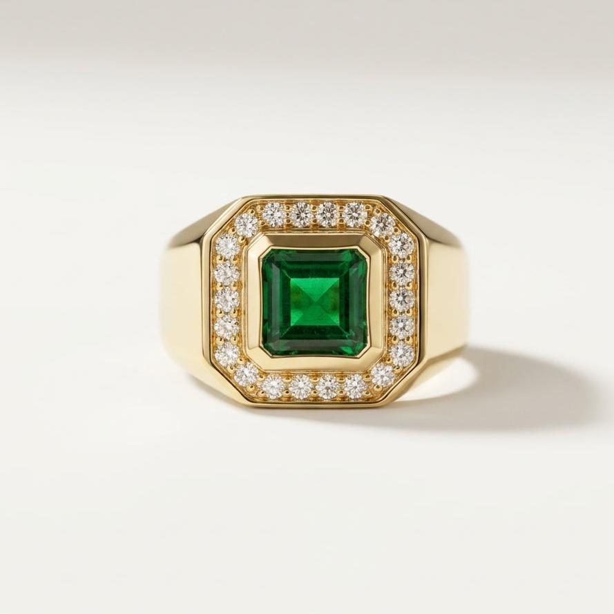 Gourmandise Signet Ring Emerald• 9K Solid Gold