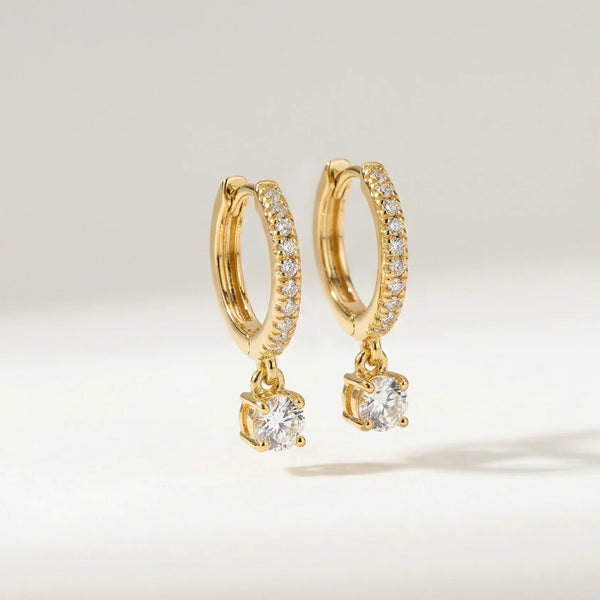 Daniella Diamond Hoop Earrings with One Dangling Diamond • Pair • 14K Solid Yellow Gold