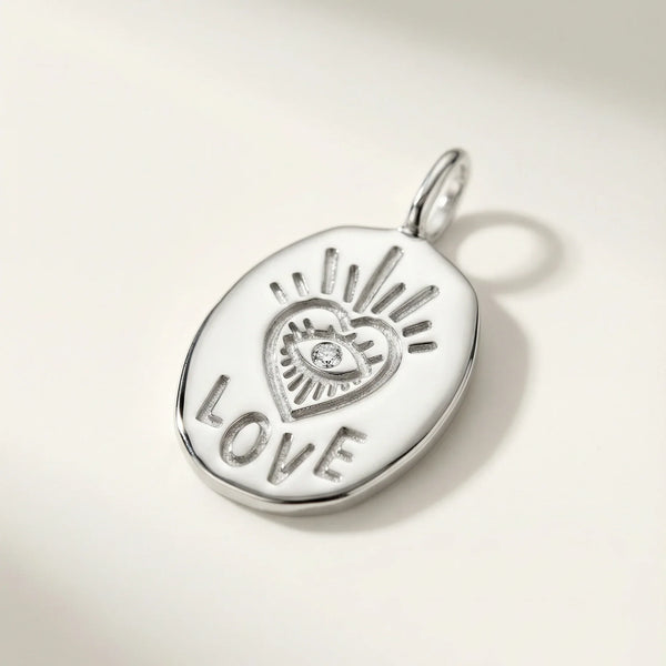 Love Oval Diamond Medallion Pendant •10K Solid White Gold