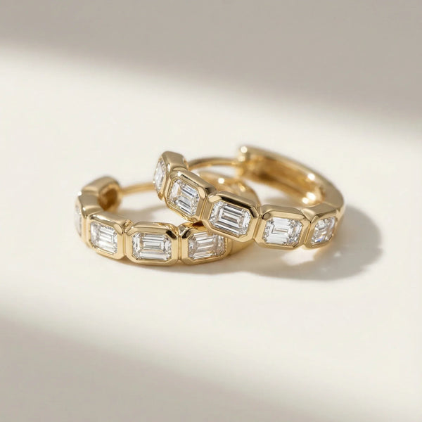 Emerald Bezel-Set Diamond Hoop Earrings • Pair • 9K Solid Yellow Gold
