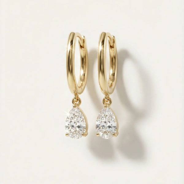 Gold Hoop with Pear Drop • Pair • 9K Solid Yellow Gold