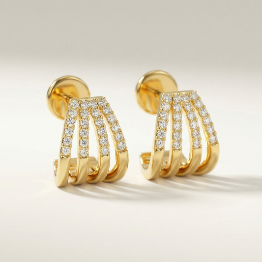 Four-Row Pavé Diamond EarCuffs Huggies Earrings