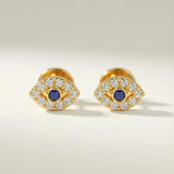 Mini Evil Eye Diamond Stud Earring • Single • 10K Solid Yellow Gold