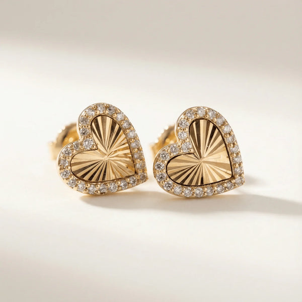 Laura Heart Fluted Diamond Earrings • Pair • 10K Solid Yellow Gold