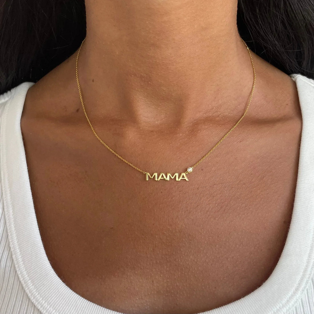 Mama Bezel Diamond Necklace - 14k White Gold