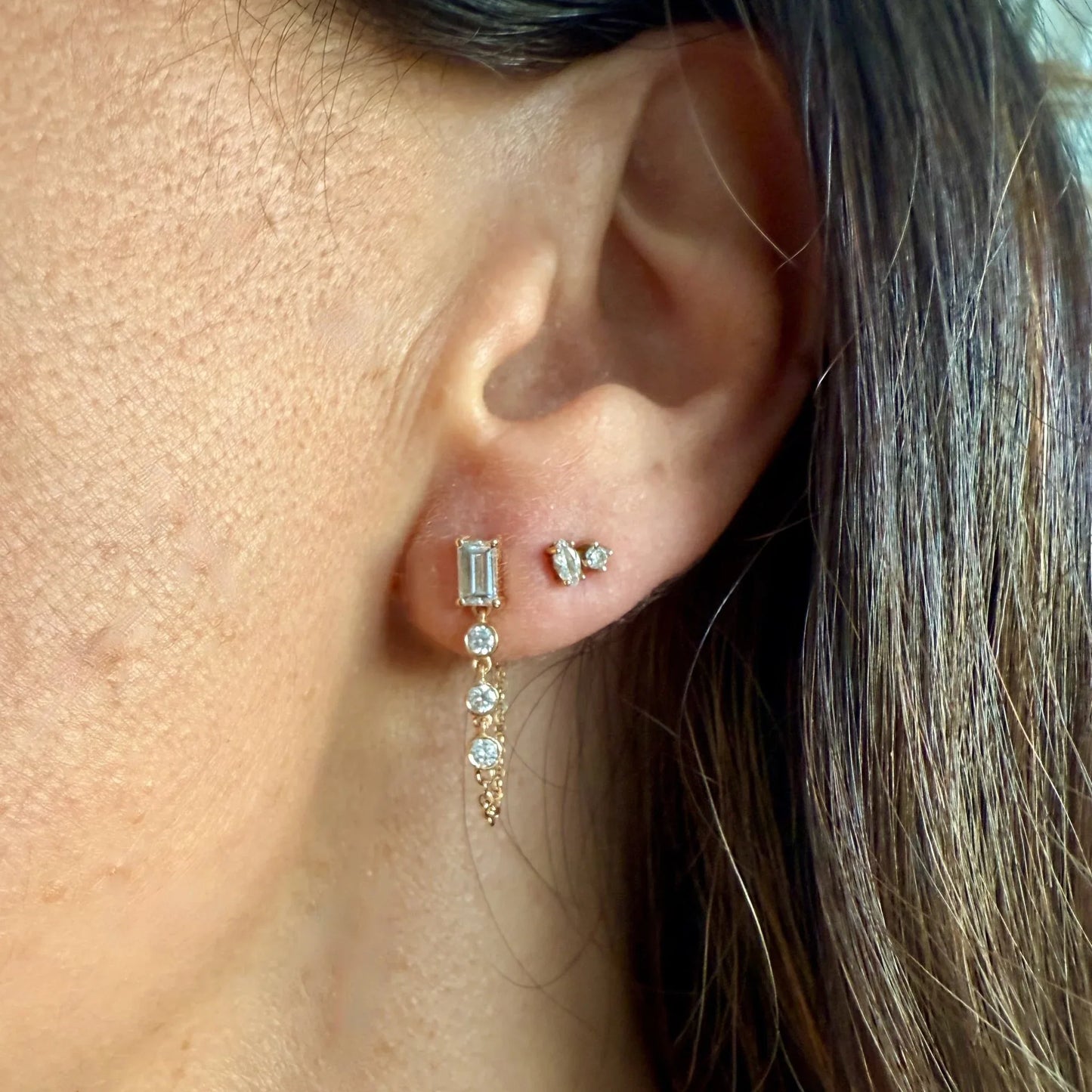 Nicky Baguette & Bezel Diamonds Chain Earring - Goldie Paris Jewellery