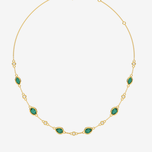 Pear Green Emerald Necklace & Bezel-set Diamond Necklace - 14k Yellow Gold - Jewelry - Goldie Paris Jewelry - Green Necklace