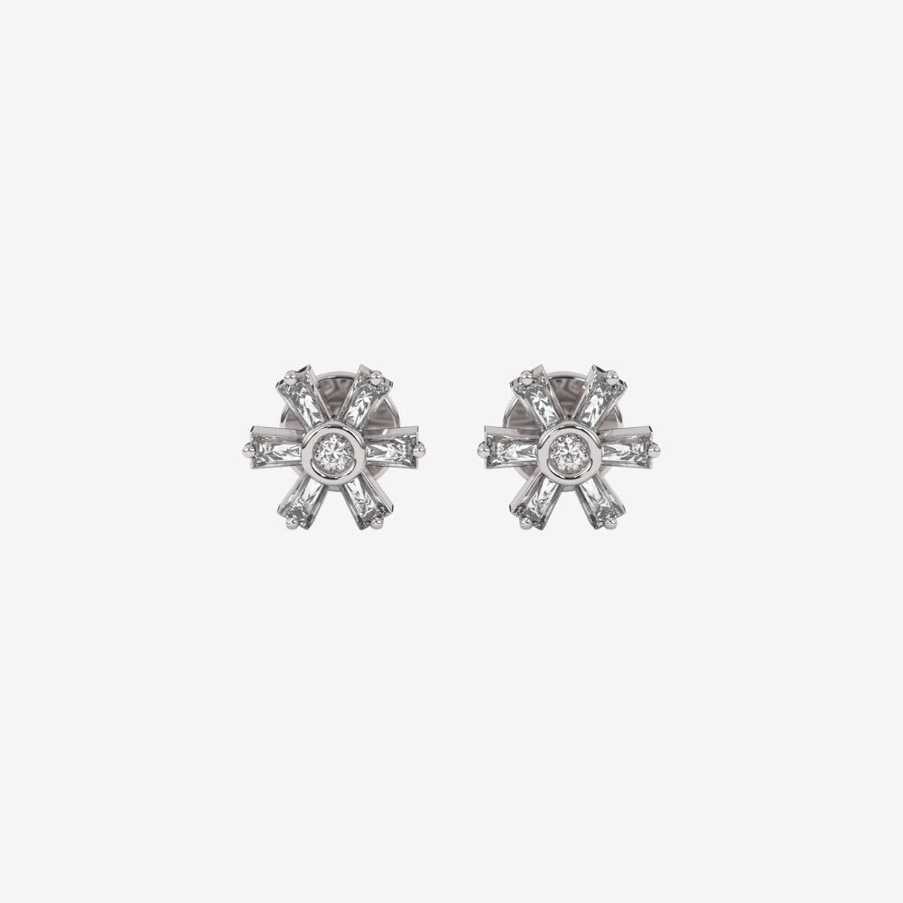 Baguette Flower Stud Diamonds Earrings - 14k White Gold - Jewelry - Goldie Paris Jewelry - Baguette Earring