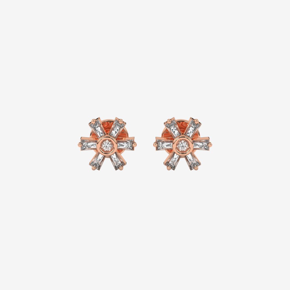Baguette Flower Stud Diamonds Earrings - 14k Rose Gold - Jewelry - Goldie Paris Jewelry - Baguette Earring